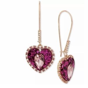 NWT New Betsey Johnson Heart Gem Earrings Pink Gold Glitter Deep Pink Valentines